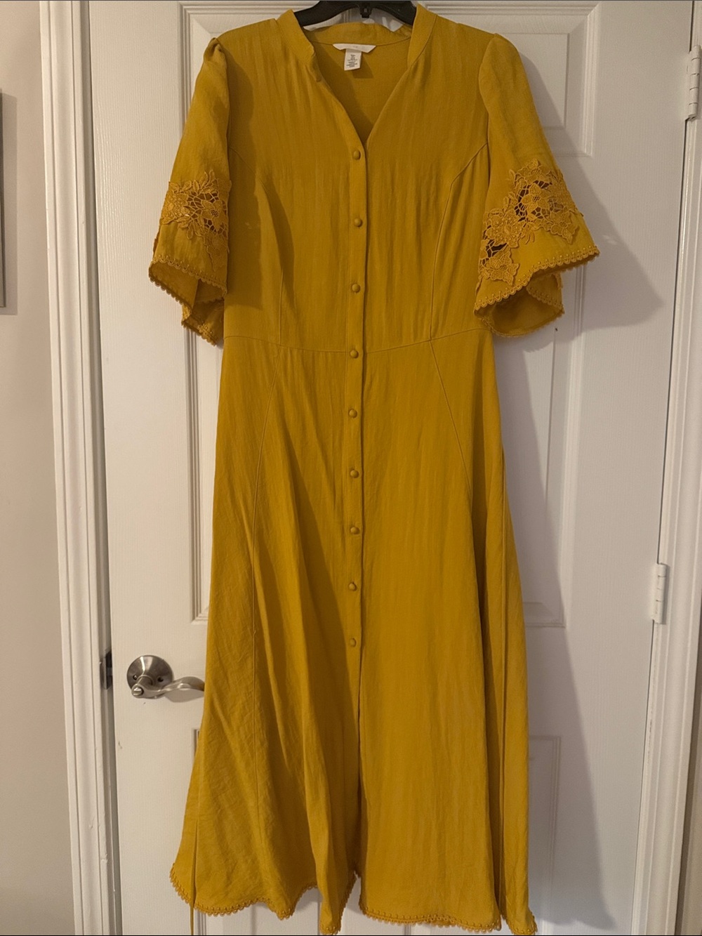 H&M Mustard Button-Front Midi Dress with Lace Bell Sleeves